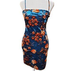 Forever 21 Green & Orange Floral Print Velvet Mini Dress - Size X Small